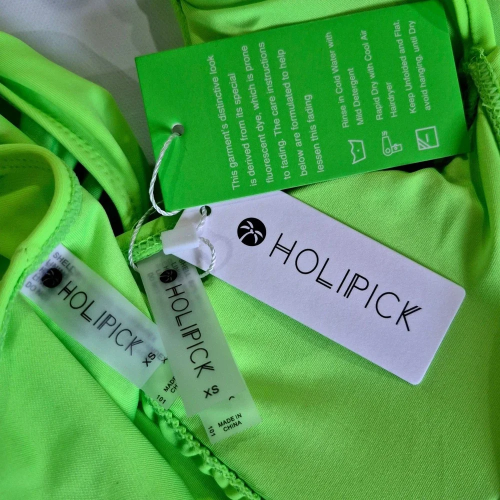 Holipick Womens Neon Lime Green‎ Triangle Side Tie Bikini Swimsuit Set XS NWT
